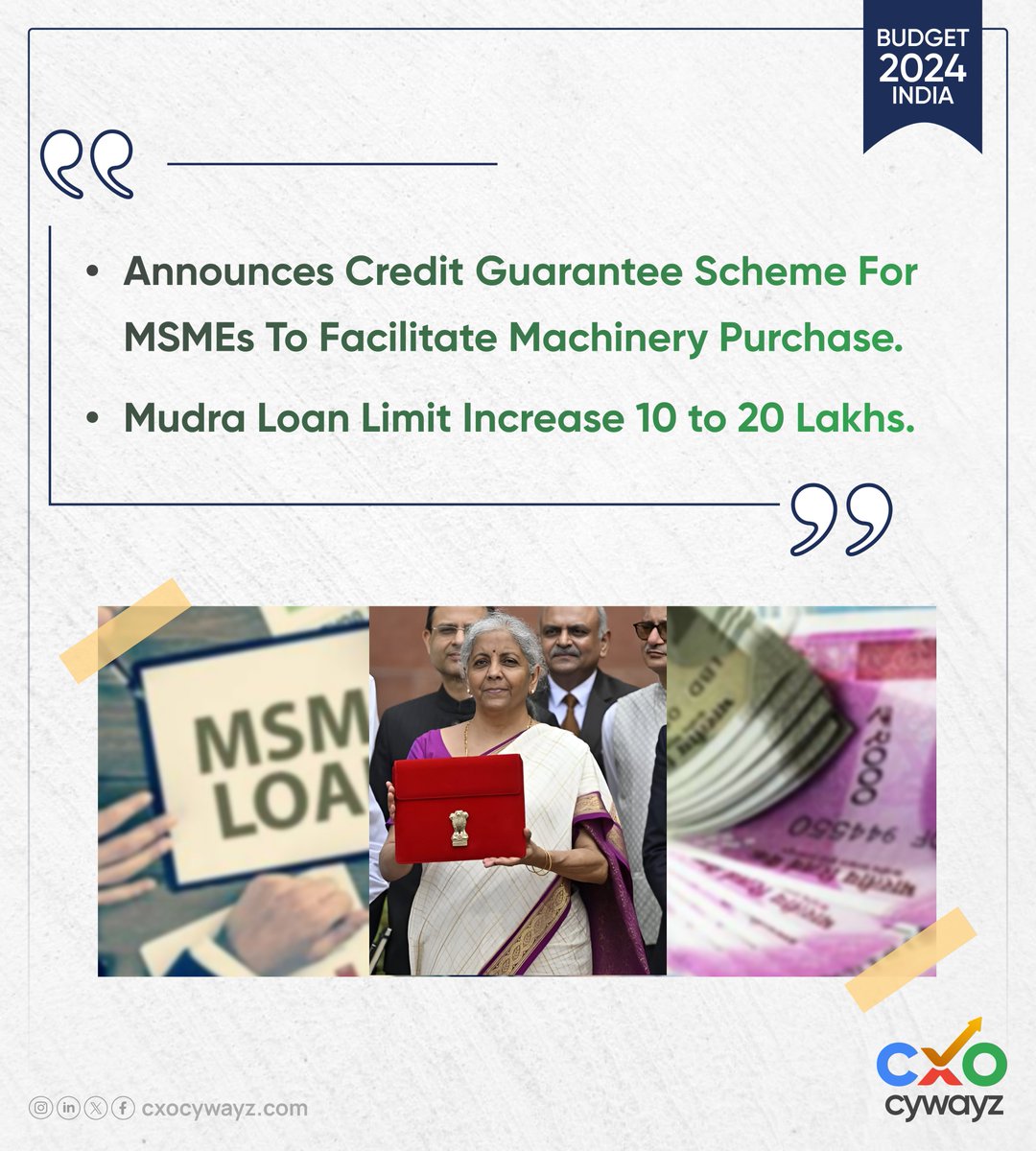 Announces Credit Guarantee Scheme For MSMEs To Facilitate Machinery Purchase.

Mudra Loan Limit Increase 10 to 20 Lakhs.

#Budget2024 #UnionBudget #UnionBudget2024 #IndianBudget #BudgetHighlights #BudgetAnalysis #Economy #Finance #India #Government #FinanceMinister