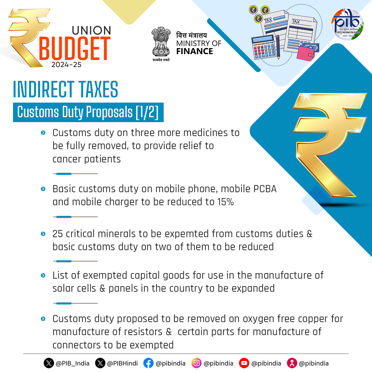 PIB_India's tweet photo. Customs Duty Proposals

➡️ Customs duty on 3⃣ more medicines to be fully removed, to provide relief to cancer patients

➡️ Basic customs duty on mobile phone, mobile PCBA and mobile charger to be reduced to 15%

➡️ 25 critical minerals to be exempted from customs duties & BCD on two of them to be reduced  

#UnionBudget2024  #BudgetForViksitBharat #Budget2024
