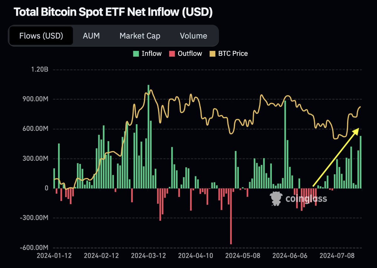 Gestern war wieder ein massiver Zuflusstag für die #Bitcoin ETFs, allein  über BlackRock flossen knapp $523 Millionen Dollar. In den letzten 9  Handelstagen haben wir insgesamt Zuflüsse von fast 2,3 Milliarden Dollar