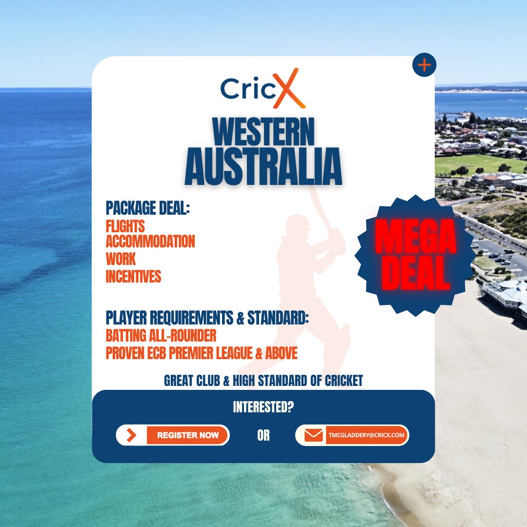cricketagency's tweet image. 📍  𝐖𝐞𝐬𝐭𝐞𝐫𝐧 𝐀𝐮𝐬𝐭𝐫𝐚𝐥𝐢𝐚 🇦🇺 

We have a Club located in Western Australia gearing up for the upcoming 2024/25 season and are on the lookout for top talent. If you're a proven ECB Premier League Batter or above, this is your moment!

𝙔𝙤𝙪 𝙬𝙤𝙣'𝙩 𝙛𝙞𝙣𝙙 𝙖…