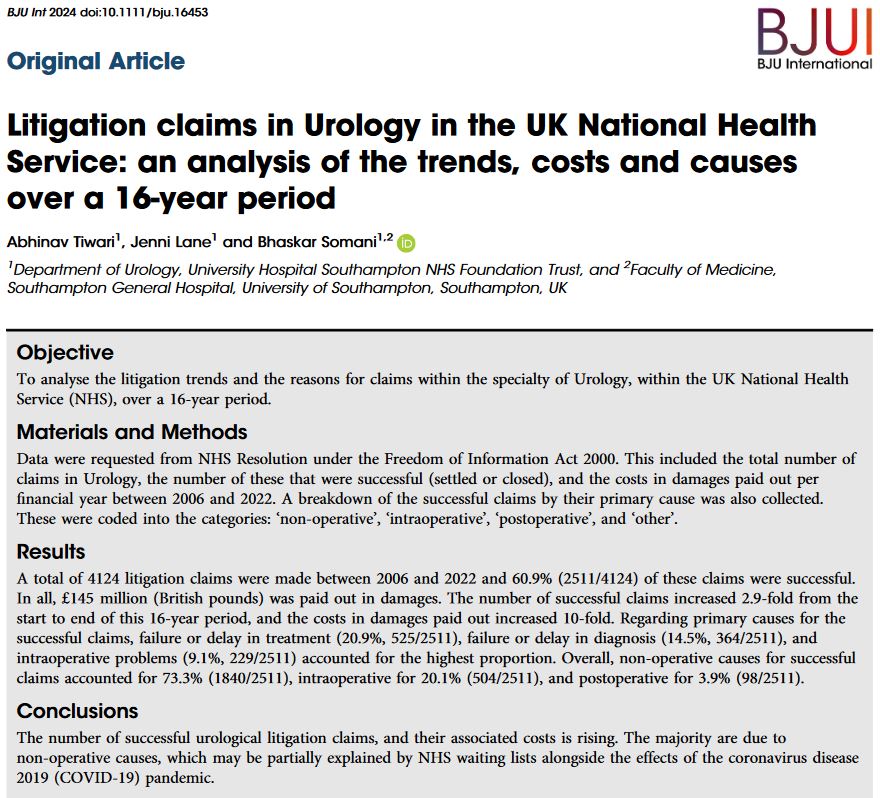 BJU International (@bjuijournal) on Twitter photo Litigation claims in Urology in the UK NHS: an analysis of the trends, costs and causes over a 16-year period
<a href="/endouro/">Prof Bhaskar Somani</a>
doi.org/10.1111/bju.16… Litigation claims in Urology in the UK NHS: an analysis of the trends, costs and causes over a 16-year period
<a href="/endouro/">Prof Bhaskar Somani</a>
doi.org/10.1111/bju.16…