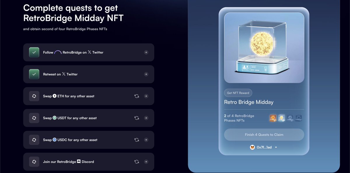 coinmuhendisi's tweet photo. 🥳Erken erişim paylaşımlarını severiz. Çünkü erken erişimler ileride büyük fırsatlar doğurabiliyor. 

🎁 Bugün, ileride #Airdrop aşamalarında işimize yarayabilecek bir NFT mintleyeceğiz

🗣️ Bu tarz işlemler öncesi kendi araştırmanızı da yapmanız her zaman yararınıza olacaktır dostlar.

💥 RetroBridge hem EVM hem de EVM olmayan zincirleri destekleyen basit ve hızlı gelişen bir çapraz zincir köprüsüdür. 38 adet ağ desteği bulunuyor ve tüm ağlarda ETH/WETH, USDT, USDC ve WBTC desteği sağlıyor. 

💥 Halihazırda Early Sunrise yani "Erken Gün Doğumu" NFT'sinin mint süresi doldu. Şuan 2. Aşama Midday Phase yani ''Gün Ortası'' NFT'lerini mintleyebilirsiniz. Bunun için yönergeleri takip edelim :

1⃣ Sayfayı ziyaret edin : https://t.co/VB2lF1oQLe
2⃣ Sayfayı Twitter'da takip edin.
3⃣ Bahsi geçen tweet'i retweetleyin.

💥 Sonrasında $ETH , $USDT ve $USDC için swap işlemlerini tamamlamalısınız. Bunun için; 

1⃣ "Uygulamayı Başlat"a tıklayın.
2⃣ Örneğin Arbitrum yada diğer paritelerde "ETH"yi seçin.
3⃣ Optimism veya diğer parite hedeflerini "USDT" olarak ayarlayın.

💥 Aynı şekilde sonraki iki görevi de tamamlayın:

1⃣ Örneğin bir miktar $USDT 'yi, Arbitrum'dan Optimism'deki $USDC 'ye aktarabilirsiniz.
2⃣ Sonrasında Arbitrum' dan bir miktar $USDC 'yi Optimism üzerine $USDT olarak aktarabilirsiniz. 

🤜 Stage kısmına son olarak #TON ve #Solana ağları ile cross chain swapları da eklenmiş durumda. Swap işlemlerinde bu pariteleride kullanabilirsiniz.

🥳 Görevleri tamamladıktan sonra Discord görevlerini de tamamlayın ve artık NFT'nizi mintleyebilirsiniz. Umarız bu NFT ler ileride yapılabilecek bir airdrop fırsatı için bizi ön sıralara taşır.