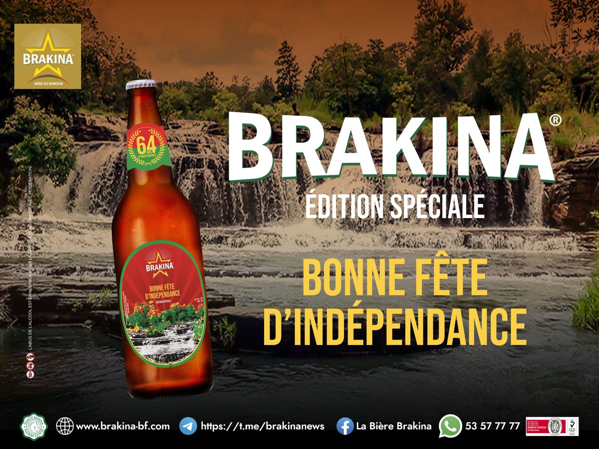 Découvrez la Brakina, Edition Spéciale Bonne fête d’Indépendance !
Un look qui vient valoriser nos richesses touristiques.
Sites choisis :
-Les cascades de Banfora
-La cour royale des Kasséna
-Le monument du cinquantenaire de Bobo Dioulasso
Brakina, la bière du Burkina.
#Brakina