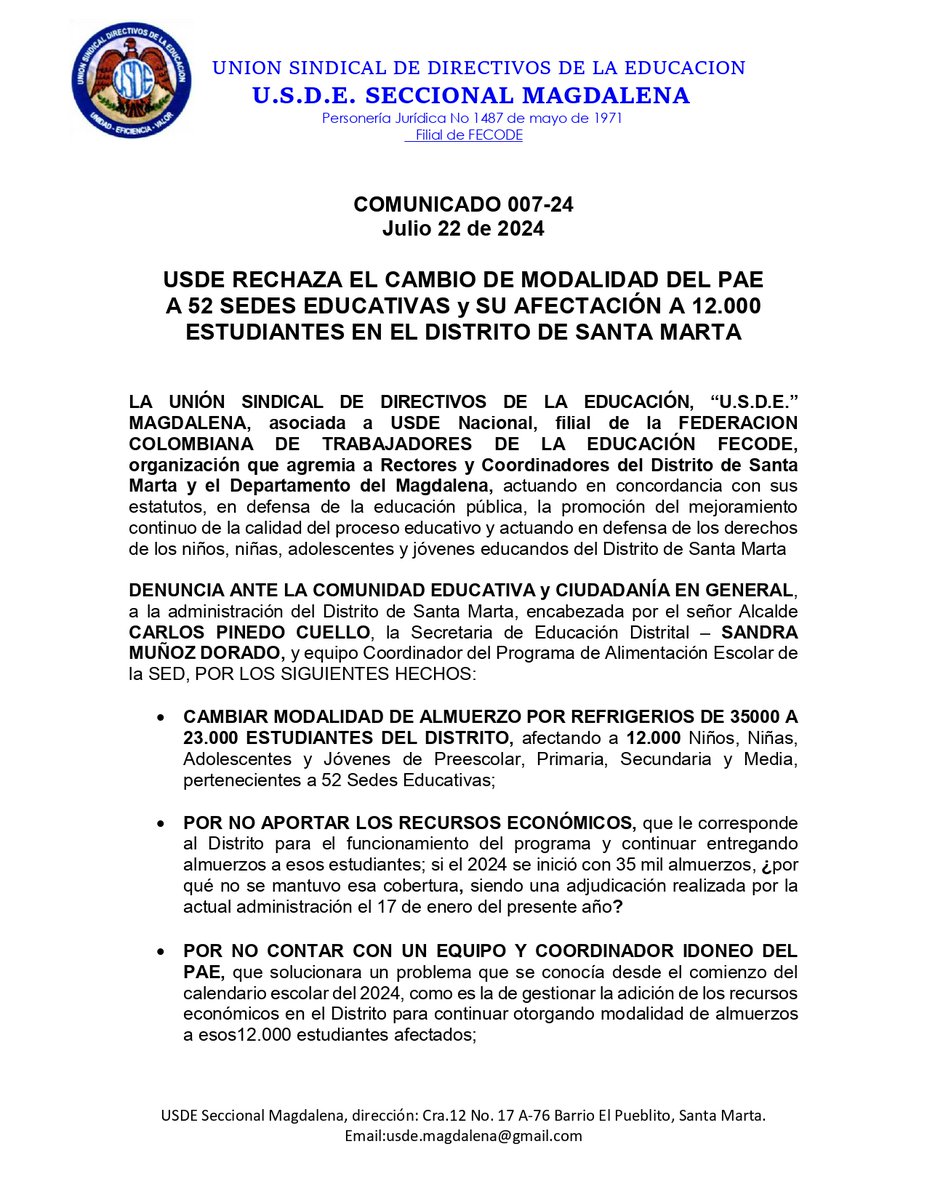 UsdeMAG_Informa's tweet photo. 📣 Comunicado Oficial || @usdemagdalena rechaza el cambio de modalidad del #PAE a 52 sedes educativas y su afectación a 12 mil estudiantes de #SantaMarta

LEER 👇 https://t.co/QjXO8543m1