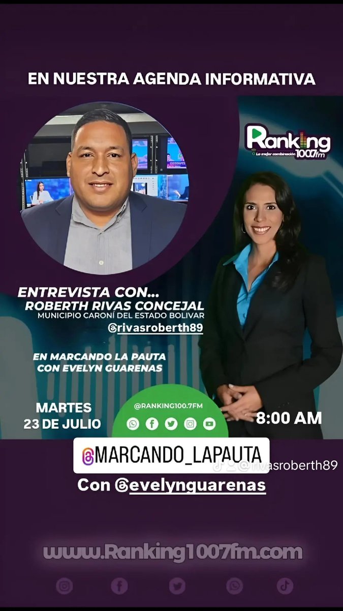 Te invito a sintonizar la emisora RANKING 100.7Fm dónde estaré hoy martes 23 de Julio a las 8:00am como invitado especial en el programa Marcando la Pauta con Evelin Guarenas dónde estaremos conversando sobre el 1X10X7 para garantizar la victoria del Presidente <a href="/NicolasMaduro/">Nicolás Maduro</a>.