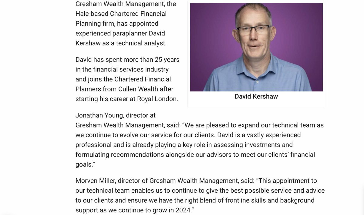 Gresham Wealth Management (@greshamwm) on Twitter photo 🙏 Thank you to <a href="/BusinessDesk_NW/">TheBusinessDesk North West</a> for covering news of our growing technical team.
📰 Read more here: shorturl.at/bsOf2 🙏 Thank you to <a href="/BusinessDesk_NW/">TheBusinessDesk North West</a> for covering news of our growing technical team.
📰 Read more here: shorturl.at/bsOf2