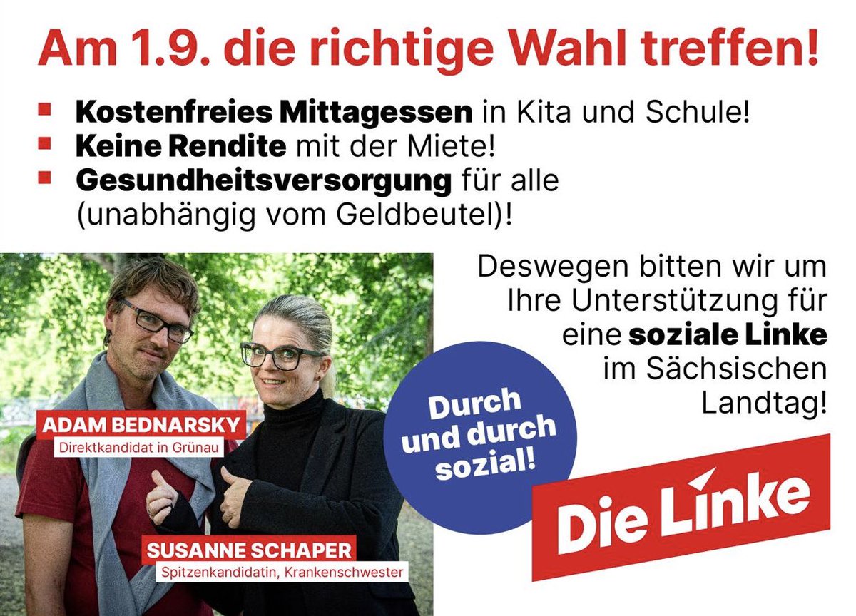 Am 1. September wird in #Sachsen gewählt. Auch diesmal bin ich als Direktkandidat für <a href="/dieLinke/">Die Linke</a> im Südwesten von #Leipzig wählbar.

Auf geht’s!

#ltwsn24 #dielinke #grünau #kleinzschocher #großzschocher #knautkleeberg #rehbach #hartmannsdorf #knauthain #knautnaundorf #miltitz