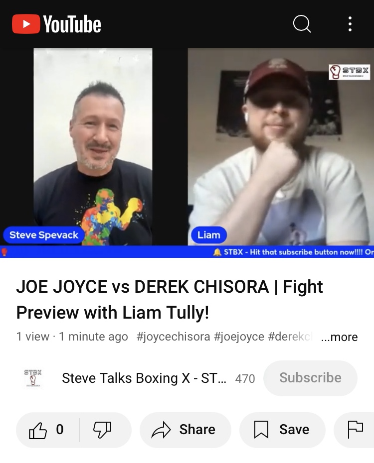 SteveSpevack's tweet photo. The Joyce vs Chisora fight preview with @Liam_Tully9 is now live on the STBX YouTube Channel! 🥊

Tune in to find out if Del Boy will be getting a Deliveroo after the fight? Should the loser retire? Who should the winner fight? #STBX #JoyceChisora

Video: https://t.co/rTznMADJgb