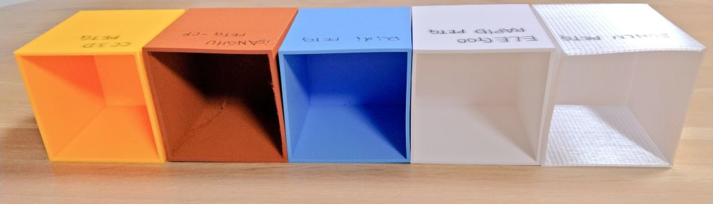 duca_400's tweet image. 真夏のダッシュボードPETG耐熱実験
メーターフード内計測でのピークが56.4℃でしたが直射日光でもっと高い温度が襲った模様😇
数日やるつもりでしたが、歪みもなく耐えたのは「CC3D(黄)」のみ
以下、歪みが
極小 ELEGOO RAPID(白)
小 QIDIタフ(青)
大 iSANGHU (CF入オレンジ)
形保てず… SUNLU 透明