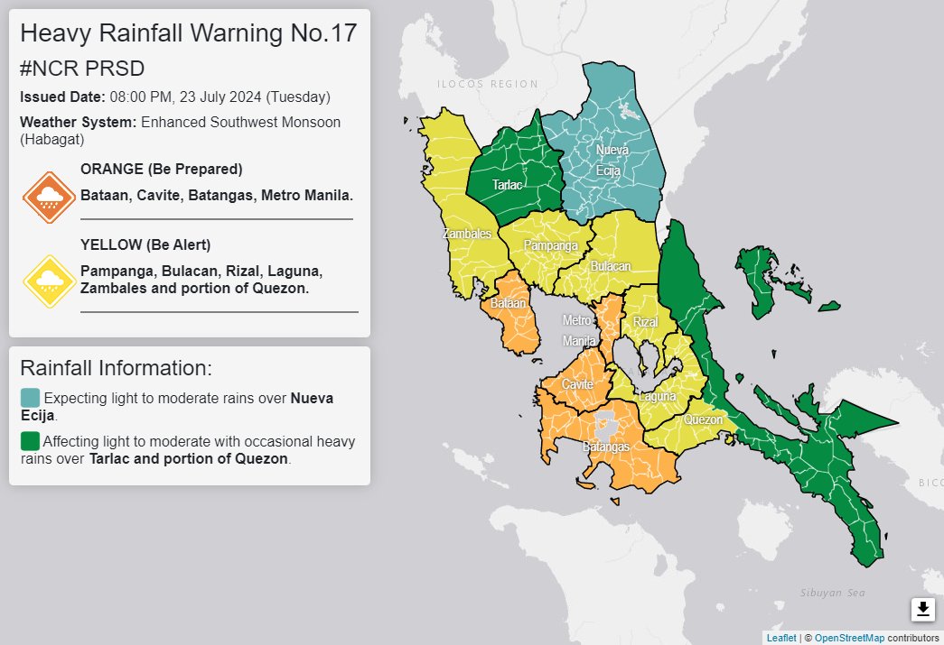dost_pagasa's tweet photo. Heavy Rainfall Warning No. 17 #NCR_PRSD
Weather System: Enhanced Southwest Monsoon (Habagat)
Issued at: 8:00 PM, 23 July 2024(Tuesday)

ORANGE WARNING LEVEL: Bataan, Cavite, Batangas and Metro Manila.
ASSOCIATED HAZARD: FLOODING is still THREATENING.

YELLOW WARNING LEVEL: Pampanga, Bulacan, Rizal, Laguna, Zambales and Quezon(San Antonio, Tiaong, Dolores, Lucban, Tayabas, Lucena, Sariaya, Candelaria, Pagbilao).
ASSOCIATED HAZARD: FLOODING in flood-prone areas.
Meanwhile, expect light to moderate rains over Nueva Ecija within the next 3 hours.

Light to moderate with occasional heavy rains affecting Tarlac and other areas of Quezon which may persist within 3 hours.

The public and the Disaster Risk Reduction and Management Offices concerned are advised to MONITOR the weather condition and watch for the next warning to be issued at 11:00 PM today.
For more information and queries, please call telephone numbers 8927-1335 and 8927-2877 or log on to https://t.co/59mTpZJq1n.