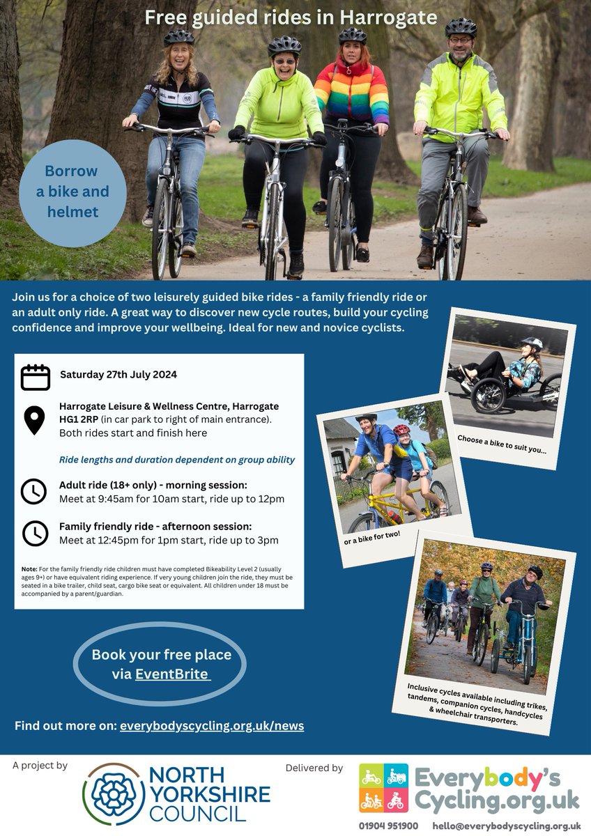 Just 5 places left on our adult guided ride &amp; only 1 place on our family friendly ride this Sat (27 July) in Harrogate. Yorkshire prices too - free! Thanks to <a href="/northyorksc/">North Yorkshire Council</a> Book your place via eventbrite.co.uk/o/everybodys-c… before 12pm Fri #whatsonharrogate <a href="/HADCAcharity/">Harrogate & District Community Action</a> <a href="/ZeroCHarrogate/">Zero Carbon Harrogate (District)</a>