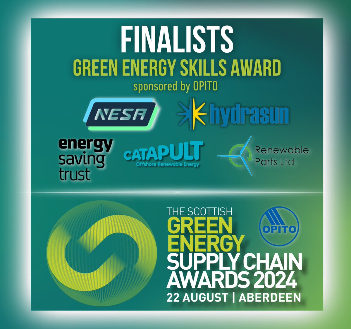 Scottish Renewables (@scotrenew) on Twitter photo Congratulations to the finalists of our #SGESCA24 Green Energy Skills Award, sponsored by <a href="/OPITOGlobal/">OPITO</a>.
<a href="/EnergySvgTrust/">Energy Saving Trust</a>, NESA, Hydrasun, <a href="/ORECatapult/">ORE Catapult</a> & <a href="/RenewableParts/">Renewable Parts</a> are going above and beyond to prepare the energy workforce of the future.
tinyurl.com/bdz43knx. Congratulations to the finalists of our #SGESCA24 Green Energy Skills Award, sponsored by <a href="/OPITOGlobal/">OPITO</a>.
<a href="/EnergySvgTrust/">Energy Saving Trust</a>, NESA, Hydrasun, <a href="/ORECatapult/">ORE Catapult</a> & <a href="/RenewableParts/">Renewable Parts</a> are going above and beyond to prepare the energy workforce of the future.
tinyurl.com/bdz43knx.