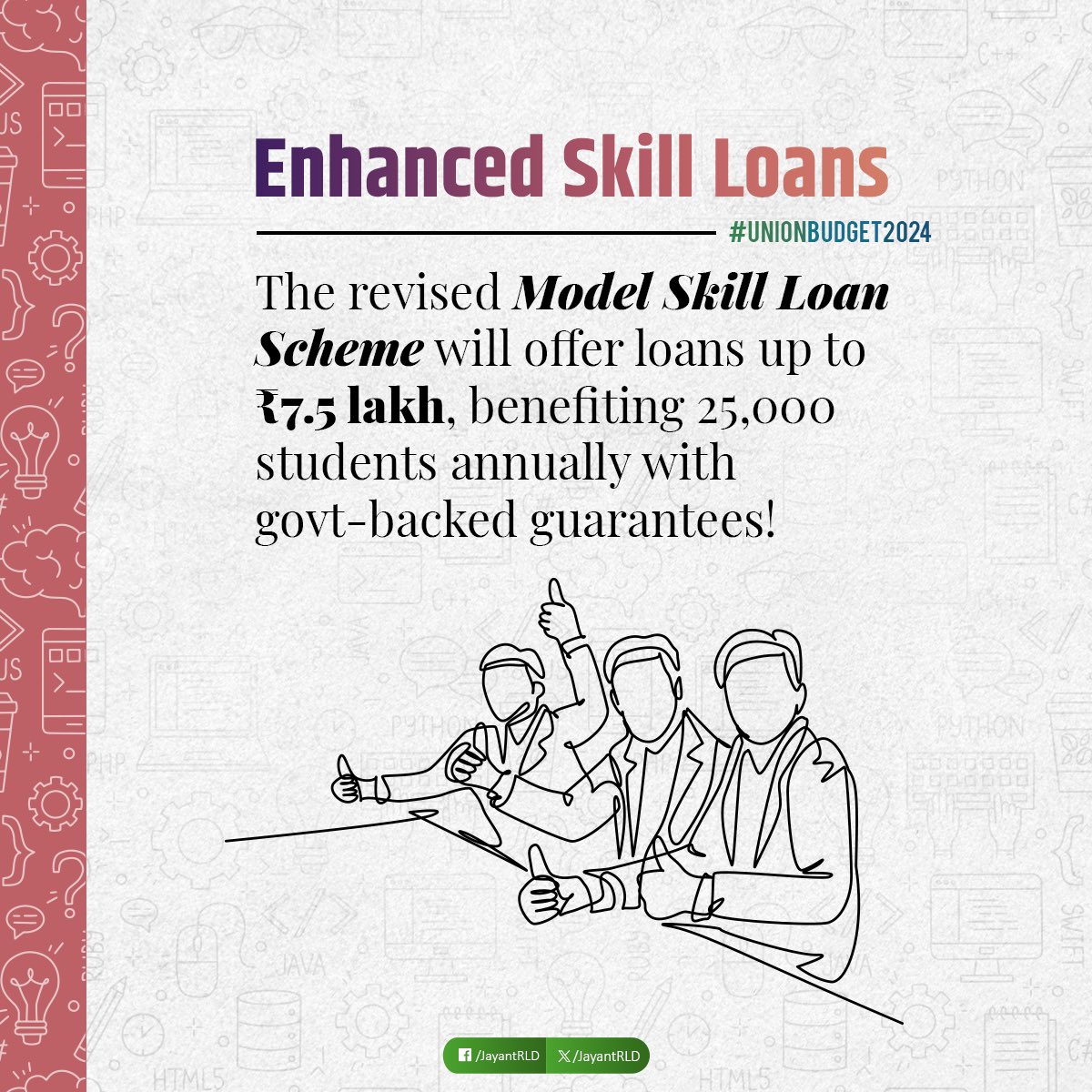 jayantrld's tweet photo. A budget that Empowers India's future! 

The Ministry of Skill Development &amp; Entrepreneurship aims to skill 20 lakh youth, provide enhanced skill loans, offer industry exposure to 1 crore youth &amp; upgrade 1000 ITIs over the next 5 years. Every skilled youth is a Change Maker! https://t.co/9ILsEB8Ebe