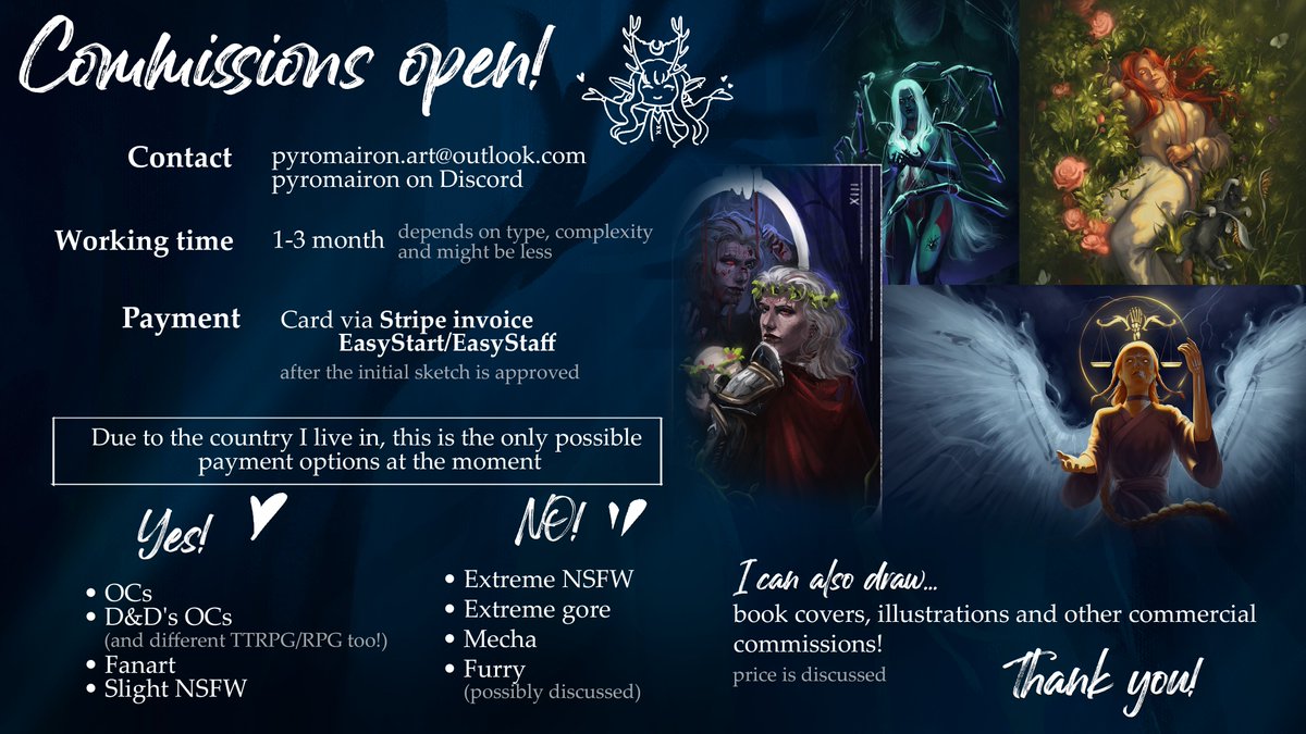 pyromairon's tweet image. 🌞July slots open!🌛

{ 4 } slots of any type are available!
I&apos;ll count remaining below 👇

💫Contact:
• Email: pyromairon.art@outlook.com
• Discord: pyromairon

✨Form &amp;amp; ToS: pyromairon.carrd.co/#tos
