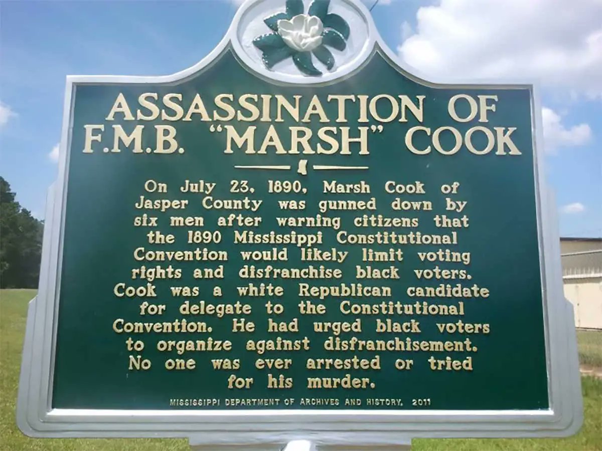 #OnThisDay in 1890, a half-dozen white men assassinated F.M.B. “Marsh” Cook after he criticized the pending Constitutional Convention for its plot to “restore” white supremacy and strip Black Mississippians of the right to vote. He had announced that he would run as a white
