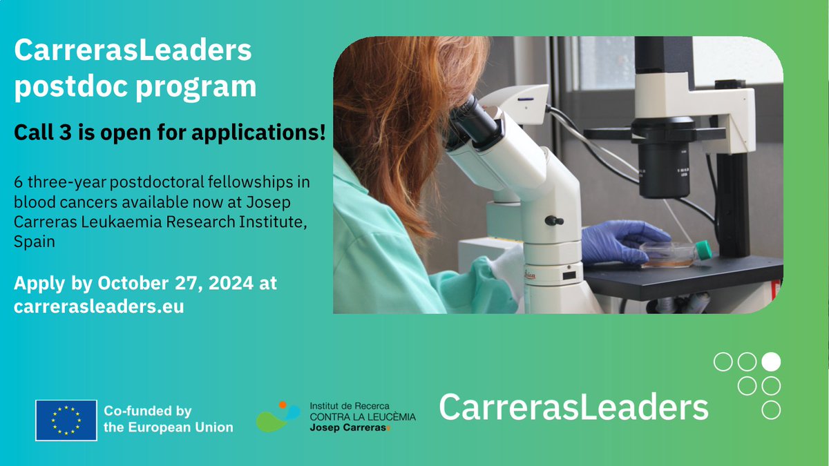 Josep Carreras Leukaemia Research Institute (IJC) (@carrerasijc) on Twitter photo ‼️ Join our mission and be the next leader in #BloodCancer research 🧑🔬
<a href="/CarrerasLeaders/">Carreras Leaders</a> announces its new call and invites 6⃣ exceptional postdoctoral researchers to participate in a transformative 3-year journey at #IJC 🚀
Find out more👇
carrerasresearch.org/en/news/carrer… ‼️ Join our mission and be the next leader in #BloodCancer research 🧑🔬
<a href="/CarrerasLeaders/">Carreras Leaders</a> announces its new call and invites 6⃣ exceptional postdoctoral researchers to participate in a transformative 3-year journey at #IJC 🚀
Find out more👇
carrerasresearch.org/en/news/carrer…