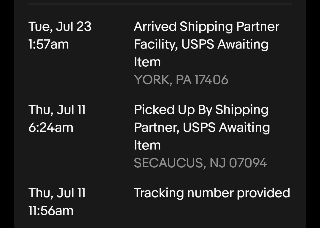 mkdlng's tweet photo. I remember the bad old days of Allow 6 to 8 Weeks for Delivery and everything but Google Maps says it only takes three days to walk from Secaucus to York so I have to assume this shipping partner was actually a guy with a backpack named Dave. https://t.co/mUuwzSsU3I