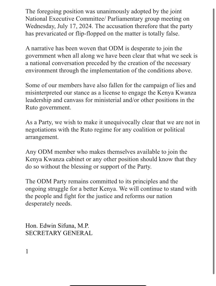 This is not what <a href="/TheODMparty/">The ODM Party</a> resolved in the last meeting.
Please communicate the true Party position or we sack you, with immediate effect!