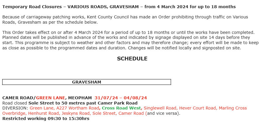KentHighways's tweet photo. Meopham, Green Lane: Road closed from 31st July to 4th August to allow for carriageway patching works by @KentHighways : https://t.co/TAQaV2CmxL https://t.co/Yn7rM3bUE6