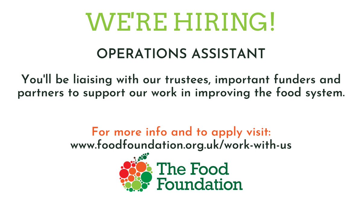📢 Exciting job alert! 📢

We're hiring an Operations Assistant to help us liaise with our trustees, important funders and partners to support our work in improving the food system.

More info &amp; apply: tinyurl.com/2tj269az
#hiring #charityjobs