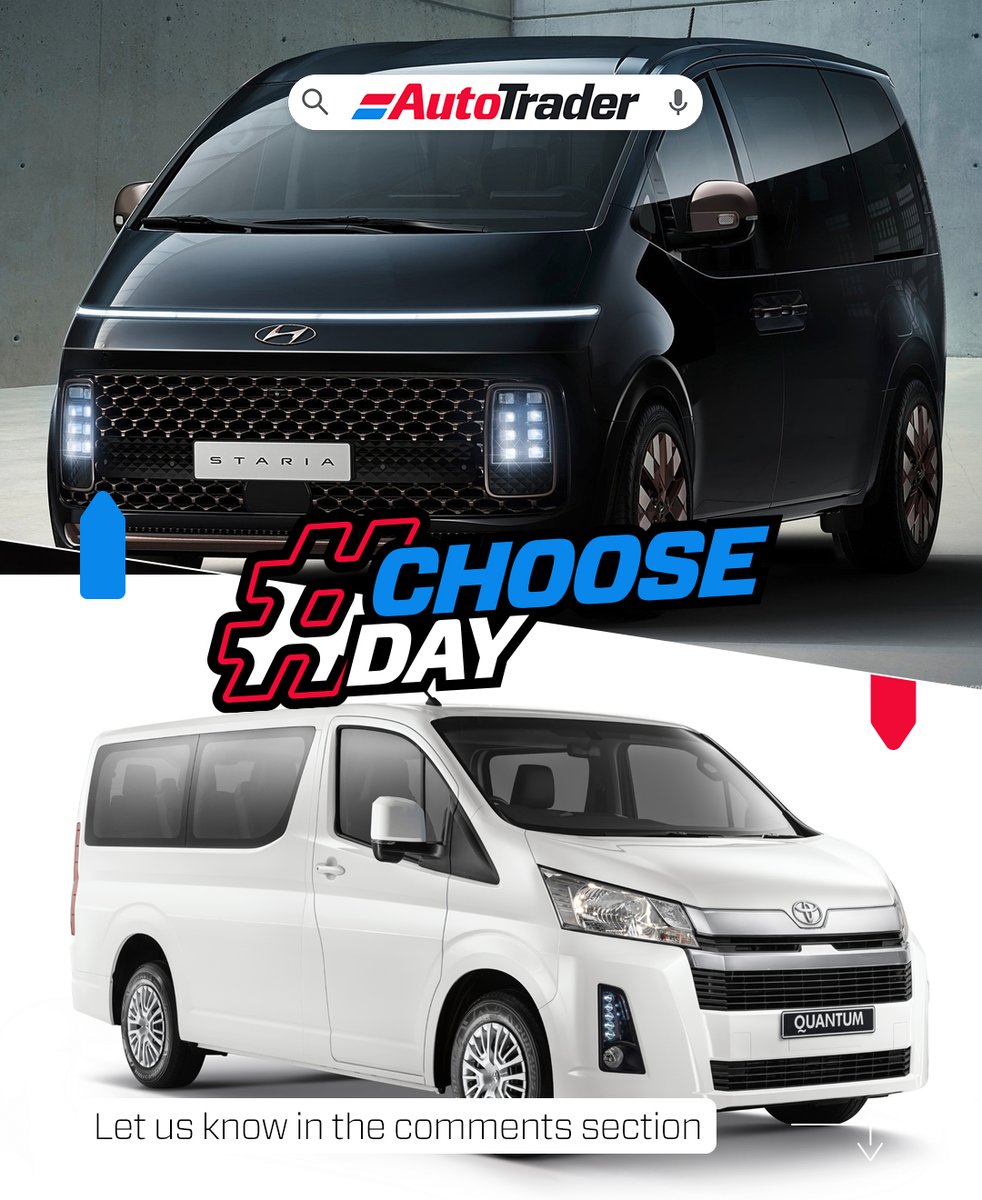 AutoTraderSA's tweet photo. It's the battle of the busses. So, for this #chooseday, we want to know if you would rather go for the Toyota #Quantum or if the futuristic styling on the Hyundai Staria is more to your taste.
#Teusday #Toyota #ToyotaQuantum #Hyundai #Staria #HyundaiStaria #choose #pickone https://t.co/SoFJqE4TUY