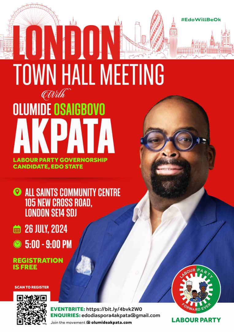 OlumideAkpata's tweet photo. The OK'24 campaign is going global! I'm thrilled to announce our first international stop: London, United Kingdom, on July 26, 2024. To our vibrant diaspora community in the UK, this is your opportunity to engage directly with our vision for a brighter Edo State. Your perspectives are invaluable as we work together to shape our state's future.

Event details are in the attached flyer. Secure your spot by registering through the link below:

https://t.co/apI8lChX8a

#EdoPeopleBeforePolitics #EdoWillBeOK #EdoPeopleMustToMatter