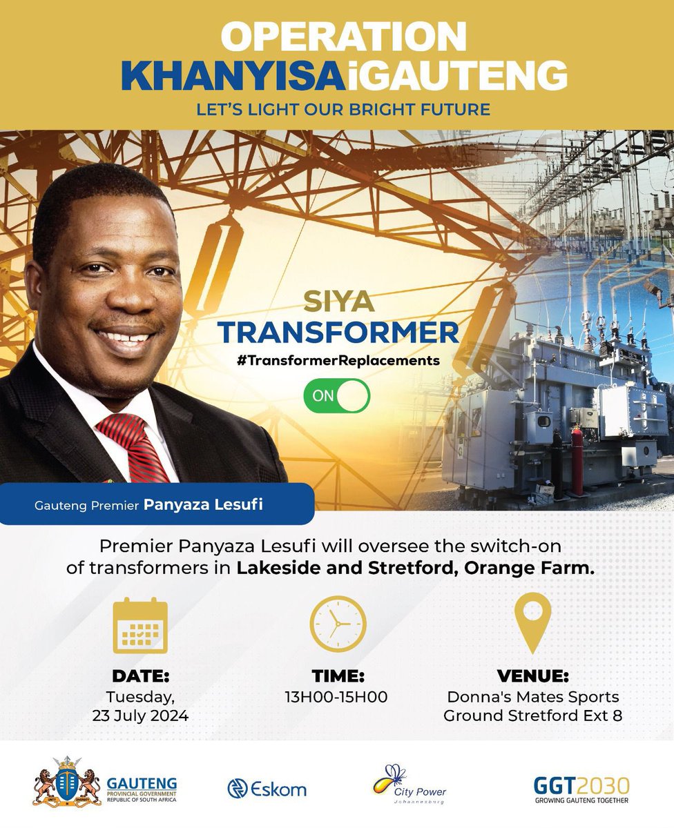 siwnews's tweet photo. #OperationKhanyisa is switching on transformers in communities without electricity. Today, join Premier @Lesufi as he oversees the #SwitchOn of transformers in Orange Farm, Stretford, and Lakeside. #TransformerReplacements https://t.co/JaoG7sOc8l