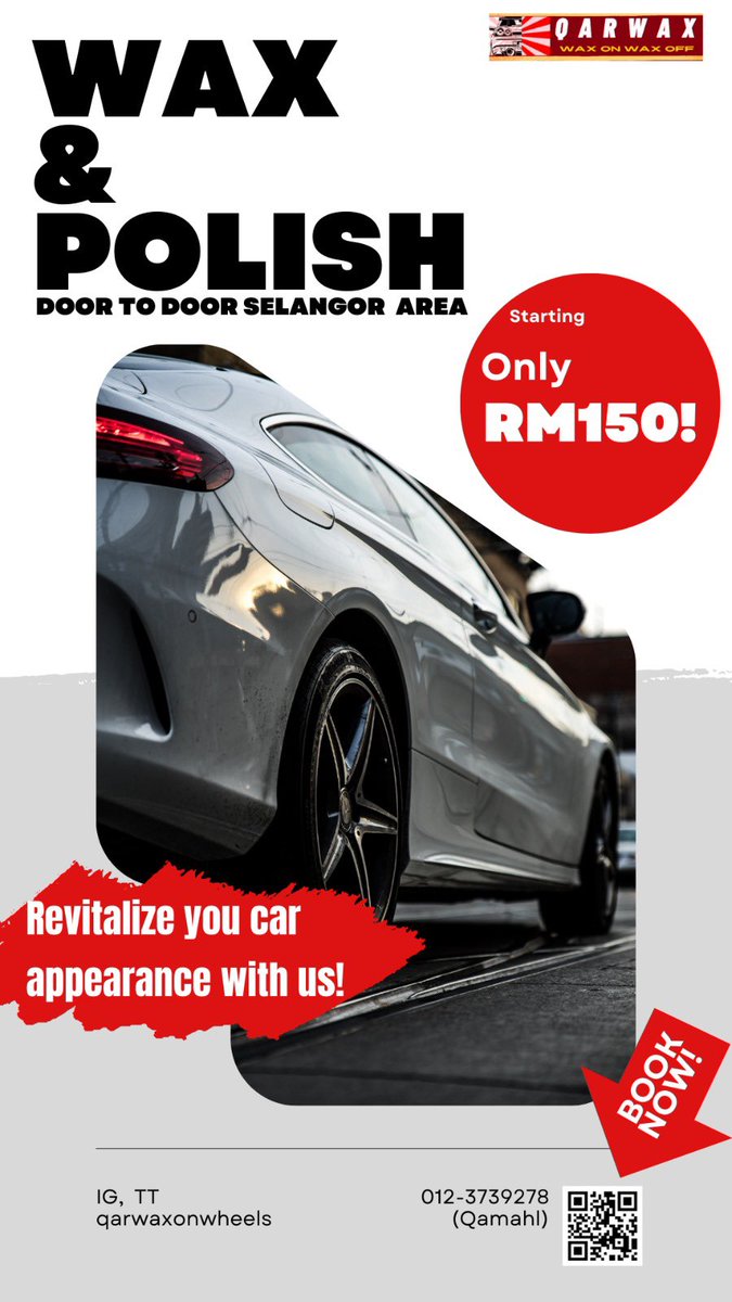 qamahl's tweet photo. Hi from QarWax!!

15% discount for first timers!

Shine your car appearance with us starting ONLY RM150.00. Door to door service around Selangor with a top notch service for you!

Book your slot now!!
https://t.co/uBzXmk3fhQ
WS - 0123739278 (Qamahl) https://t.co/NwwYw2PVdZ
