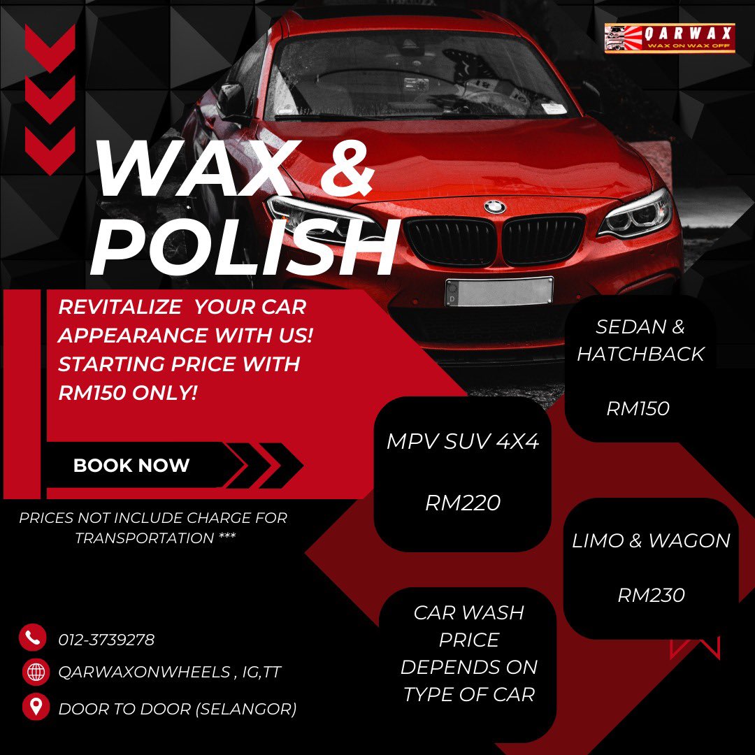 qamahl's tweet photo. Hi from QarWax!!

15% discount for first timers!

Shine your car appearance with us starting ONLY RM150.00. Door to door service around Selangor with a top notch service for you!

Book your slot now!!
https://t.co/uBzXmk3fhQ
WS - 0123739278 (Qamahl) https://t.co/NwwYw2PVdZ