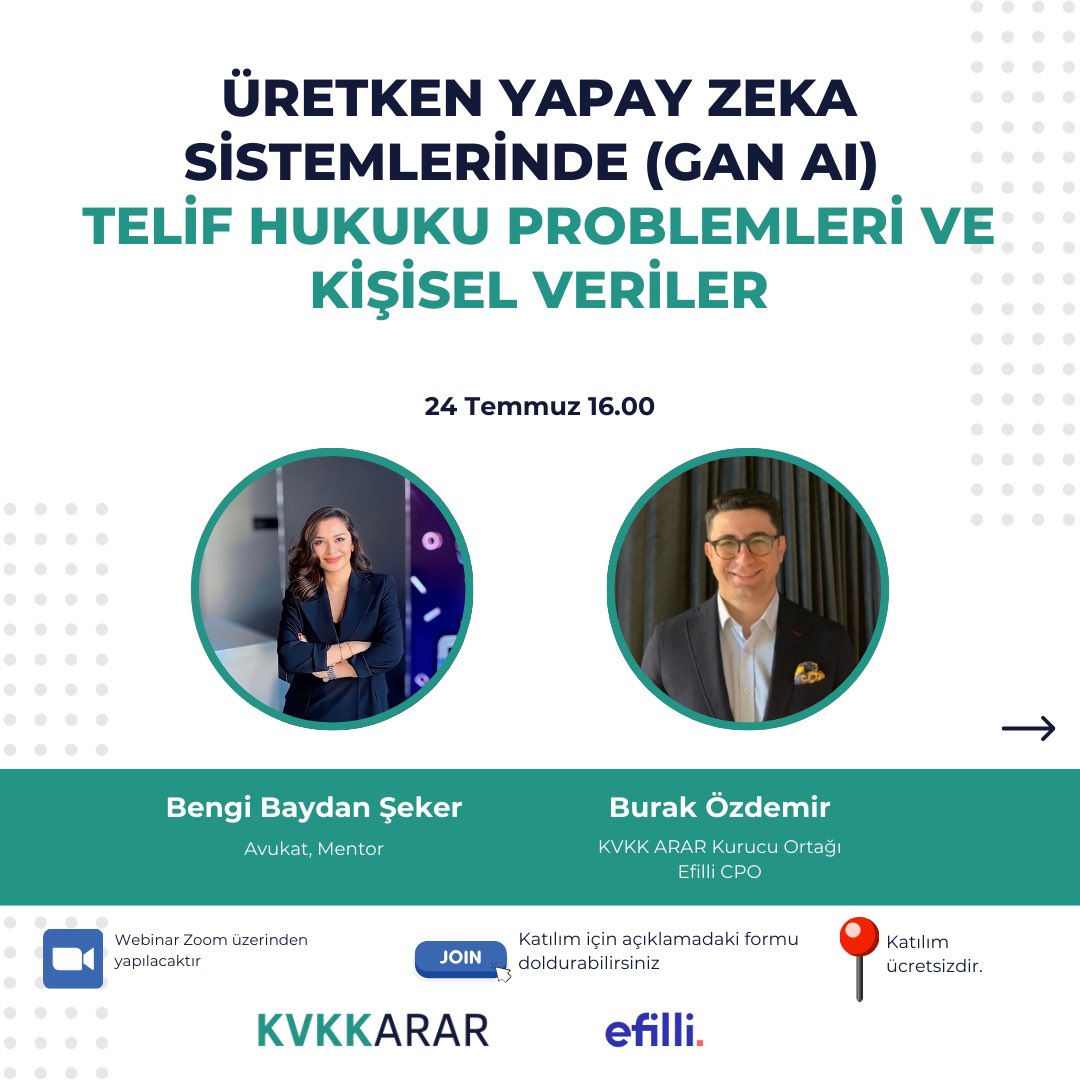 bengi_baydan's tweet photo. @KVKKarar ve @Efilliapp bünyesinde gerçekleştirilen Üretken #YapayZeka Sistemlerinde #Telif Hukuku Problemleri bir Kişisel Veriler konulu etkinlikte Burak Özdemir moderatörlüğünde konuşacağız. 

Konu başlıklarına aşağıdan ulaşabilirsiniz. https://t.co/XJeXfVlLef