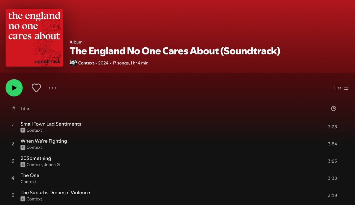 Context__'s tweet photo. 🚨 New music! 🚨

New 17 track album out now - the soundtrack to my new book, also published today, called 'The England No One Cares About'

On all steaming platforms: https://t.co/xbAKgqTo3G 

The book is about rap music, stories, and boring England: https://t.co/5DgddLe6Xs https://t.co/fvEsDUHSnp
