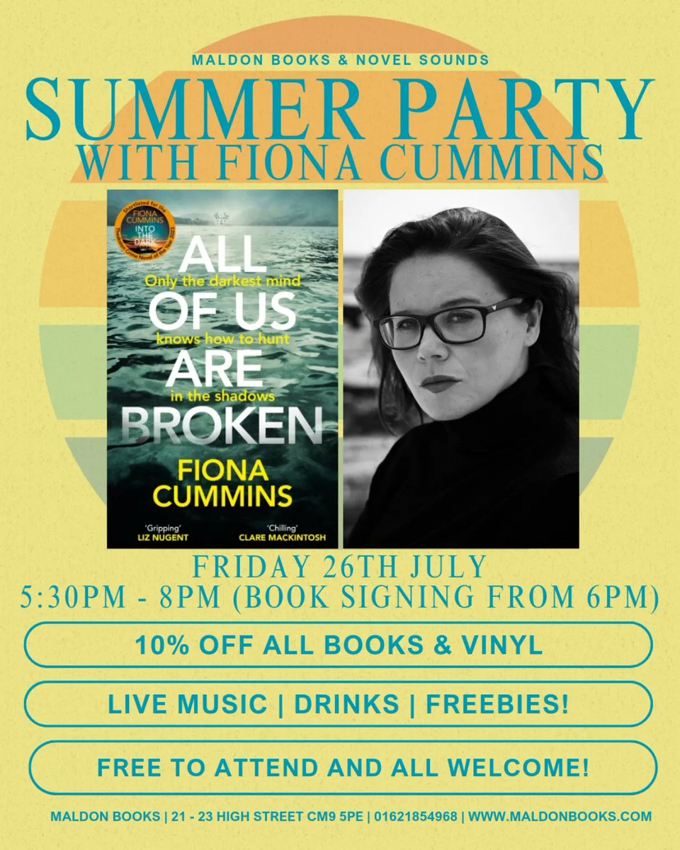 Maldon Books (@booksmaldon) on Twitter photo We've got 2 fabulous events this week to kick off the summer holidays!
<a href="/ClaireDaverley/">Claire Daverley</a> in conversation with <a href="/KateSawyer/">Kate Sawyer</a> this Thursday at the bookshop eventbrite.co.uk/e/claire-daver…
and a summer party with <a href="/FionaAnnCummins/">Fiona Cummins</a> on Friday! 10% off all books & vinyl plus drinks and live music We've got 2 fabulous events this week to kick off the summer holidays!
<a href="/ClaireDaverley/">Claire Daverley</a> in conversation with <a href="/KateSawyer/">Kate Sawyer</a> this Thursday at the bookshop eventbrite.co.uk/e/claire-daver…
and a summer party with <a href="/FionaAnnCummins/">Fiona Cummins</a> on Friday! 10% off all books & vinyl plus drinks and live music