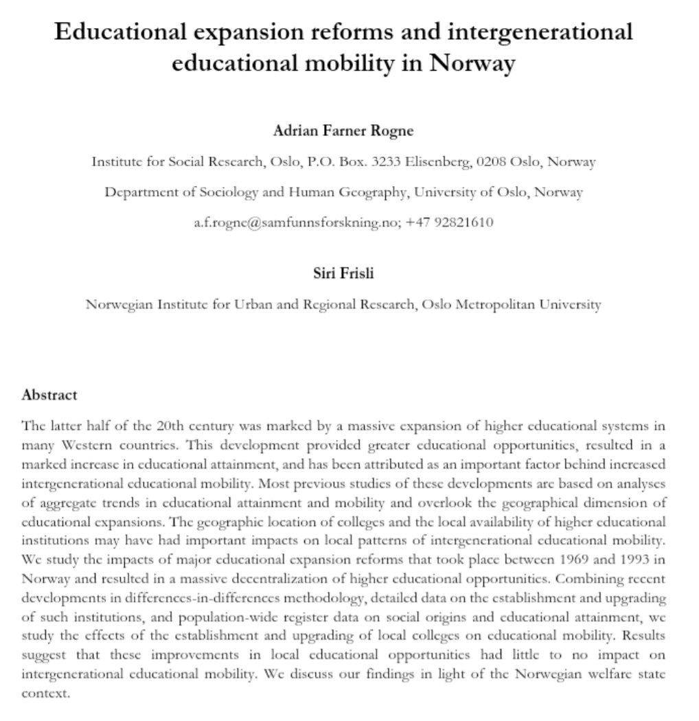 Major educational expansion in Norway 1969-1993 had little to no impact on intergenerational educational mobility, says study

osf.io/preprints/soca…
