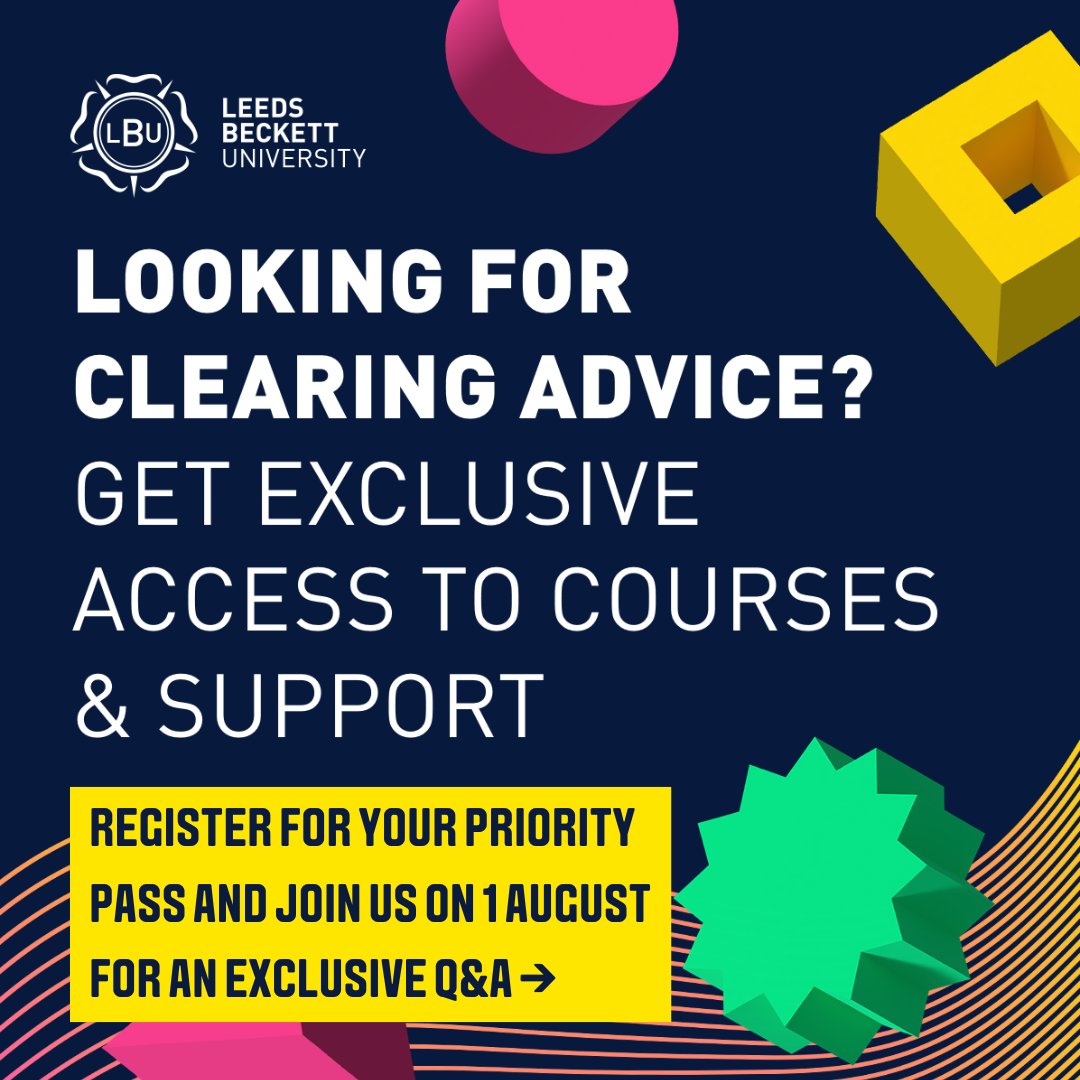 Join us on 1 August, 4:30-5:30 PM for an EXCLUSIVE Clearing Q&amp;A! Our students will answer your questions on Clearing, accommodation, Leeds life, budgeting, and commuting. Sign up for your Priority Pass to join! 🎟️

🎟️ leedsbeckett.ac.uk/clearing/prior…