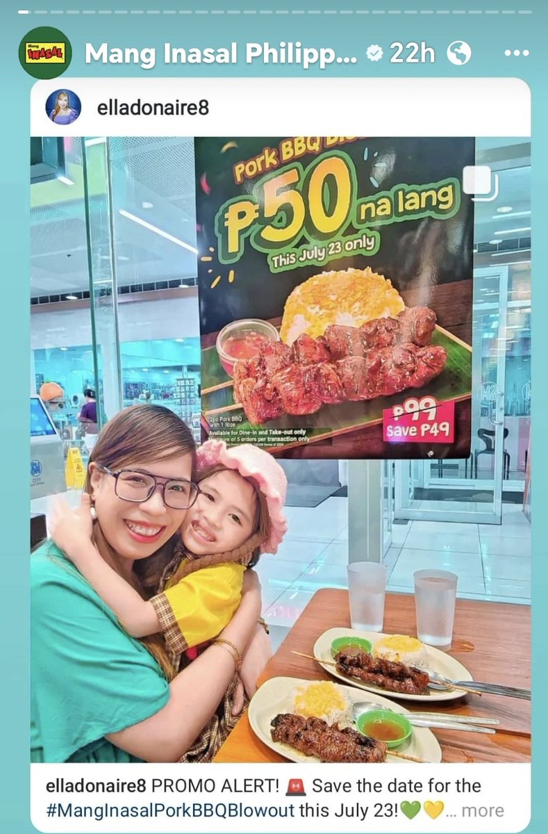 ₱50 meal for TODAY only! 🚨💚💛
Enjoy this smoky-sweet, juicy-lammmbot Mang Inasal Pork BBQ 2pcs with rice for only ₱50 via dine-in and takeout!💚💛
#MangInasalPorkBBQBlowout
#ILoveMangInasal #ihawSARAPandUnliSAYA
#MangInasal #YEStoMangInasalPorkBBQ