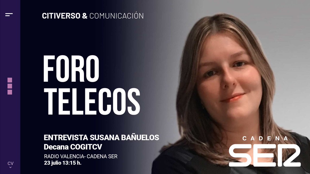 itelecos's tweet photo. 🎙️Esta tarde @subanuelos, decana del #COGITCV, será entrevistada en el programa de @radiovalencia, #HoyPorHoyValencia con @Jessica_Crespo1 y Arturo Blay
⏰ A las 13:15h
📡Descubre el 'Citiverso' que marcará #ForoTelecosCV2024
🎧 ¡Escúchala en directo!👇
https://t.co/sRqolnIgfa https://t.co/qCzNwgcVFX