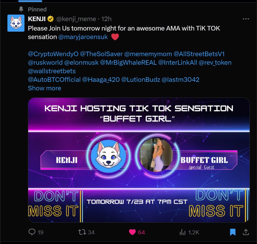 Jayseeu_Moon's tweet photo. Hi @nobrainflip, as usual thanks for your sharing call, Sending good vibes from #buffetg holders and investors before it will make x? ⏰️! 
Don't miss upcoming AMA spaces with #buffetg @maryjaroensuk and @kenji_meme. She is the dev behind that meme, be part of the holders and let's all Open a Buffet and why not using token to get some food 👁! 
CA: 2g9W9AhubYi8cPBxtADN2VEsk3ZTB6HzjHNbnccMpump
TICKER: $BUFFETG
DEV: @maryjaroensuk (Buffet Girl)
#1000xGems #solana #memecoins
#buffetg on Solana
https://t.co/AXUTdAArDf
