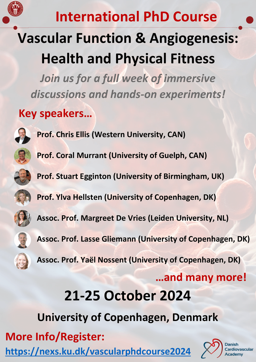 SPOTS AVAILABLE in our international PhD course titled "Vascular Function and Angiogenesis in Relation to Health and Physical Activity". October 21-25, 2024 in Copenhagen, Denmark! 

For more information and to register: phdcourses.ku.dk/DetailKursus.a…