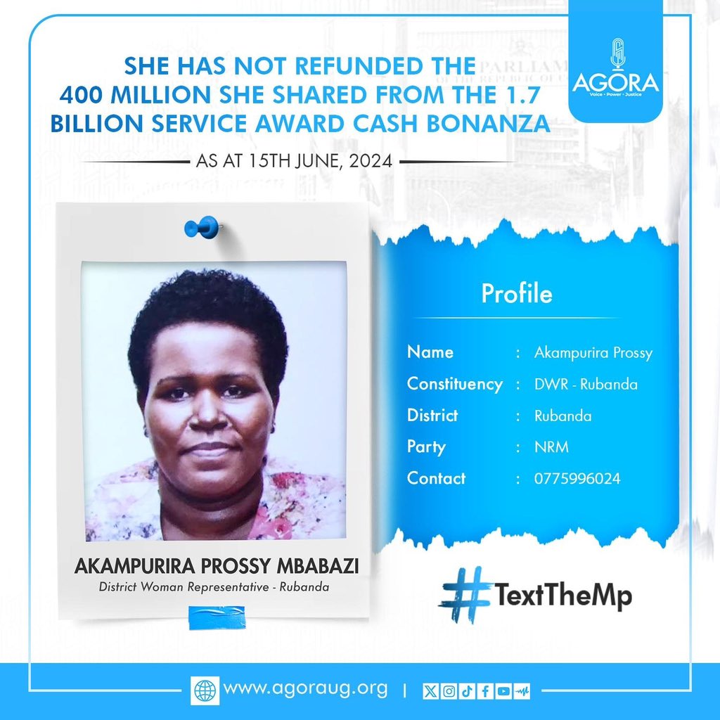 AgoraCFR's tweet photo. Text the MP for Rubanda and ask her why she has not refunded 400 Million she shared from 1.7 billion Service Award Cash Bonanza. #TextTheMP https://t.co/yL8W5B32RV