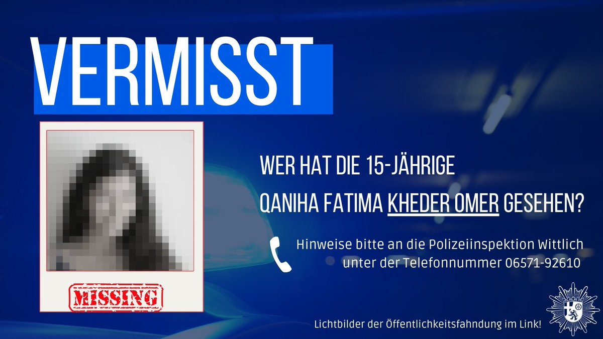 🚨Fahndung:
Wer hat die 15- jährige aus Niersbach gesehen? 

Ihre Familie macht sich große Sorgen.
Helft mit und haltet die Augen offen 👀

Fahndungsfotos findet ihr im Link: 
📷 s.rlp.de/XYgbHBi
➡️ s.rlp.de/xj31DoL