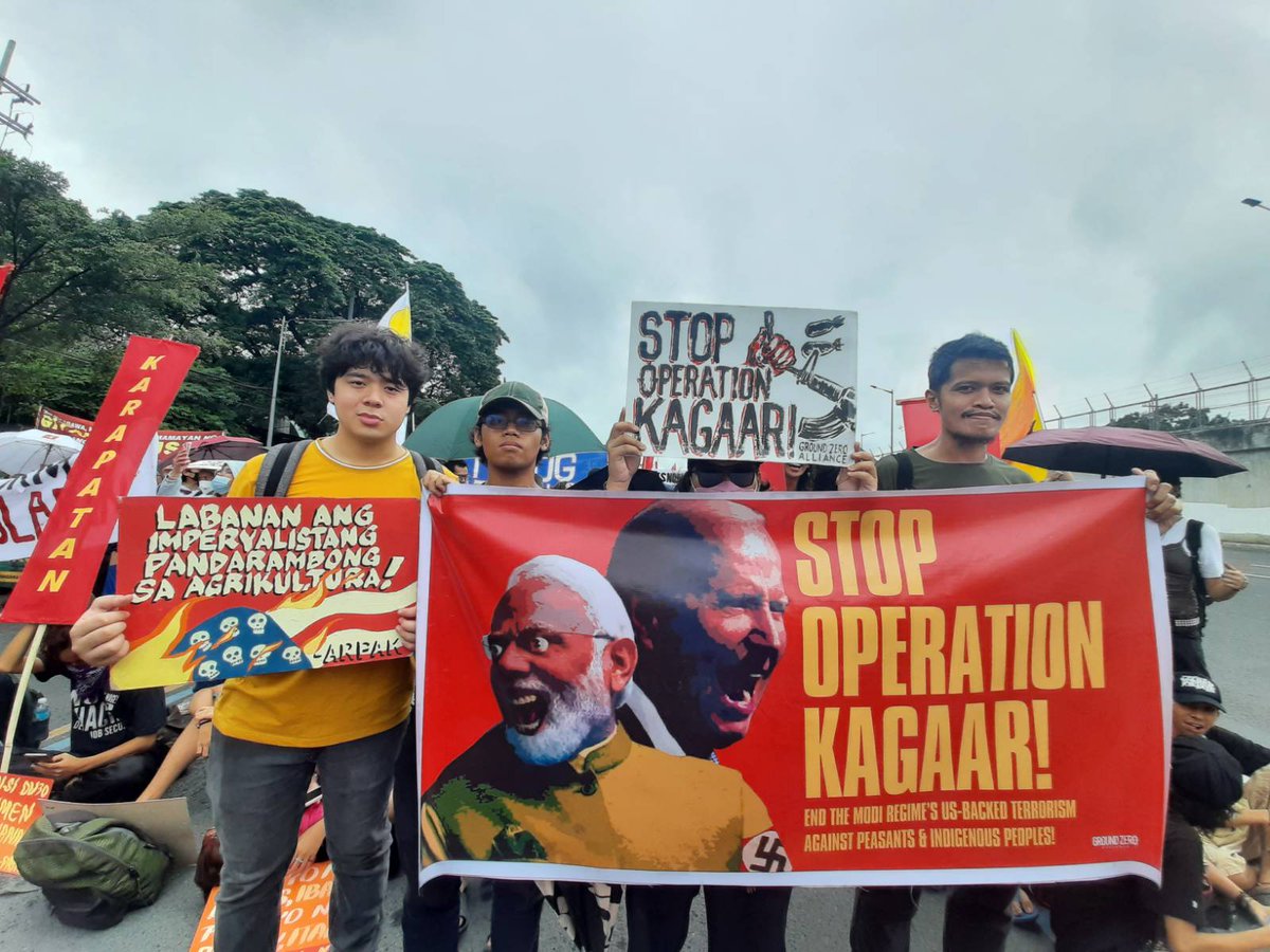 pcfsgroundzero's tweet photo. LOOK 📸 Filipino peasant and IP advocates from @arpakph, @takderkordi, Dumagat indigenous peoples, among many other progressive organizations, stand in solidarity with the peoples of Central India against the Modi government's #OperationKagaar.
#PeoplesSONA #StoptheBombings https://t.co/gBA0KavIGf