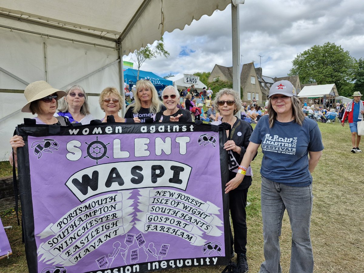 shelaghas's tweet image. It was a privilege to be @TolpuddleFest marching with @solent_waspi&apos;s wonderful banner created by @westcountrygirl as we continue our campaign for #FairandFastCompensation. @leicesterliz we&apos;re #notgoingaway. #Tolpuddle24 #WASPI #1950swomen @WASPI_Campaign