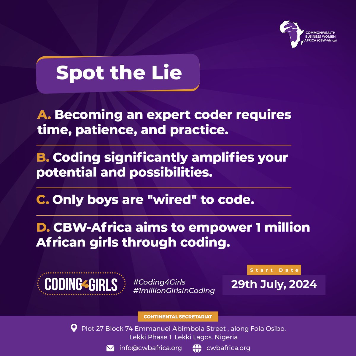 cbwafrica's tweet image. Which of these is NOT true, Is it A, B, C, or D? 🤔 Share your guess in the comments! Don’t forget, #Coding4Girls kicks off on July 29th. If you registered, don't forget to check your email for important updates and instructions.
Hilda 23rd July Akpabio Black Kamala Harris