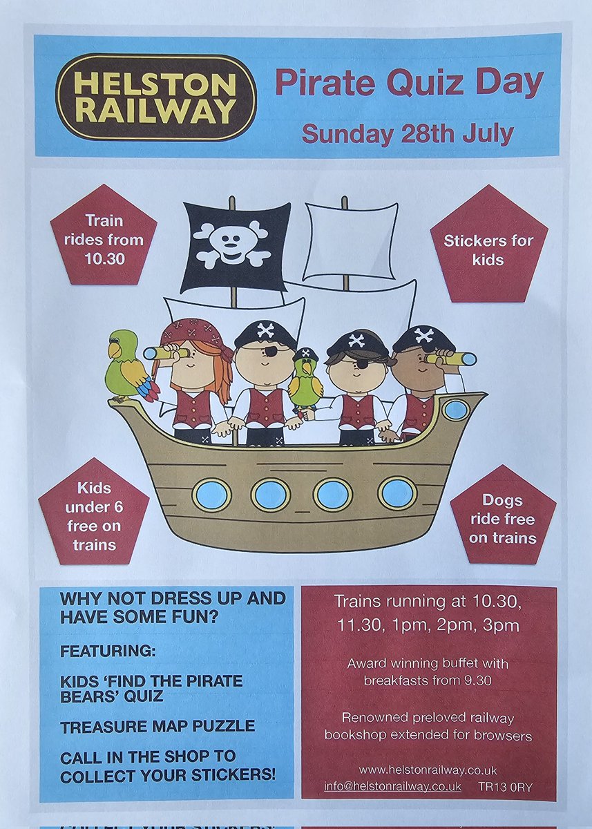 We having a Pirate day on Sunday with Steam train rides and spectacular views across the cornish countryside. Please share far and wide to engage people further afield.
