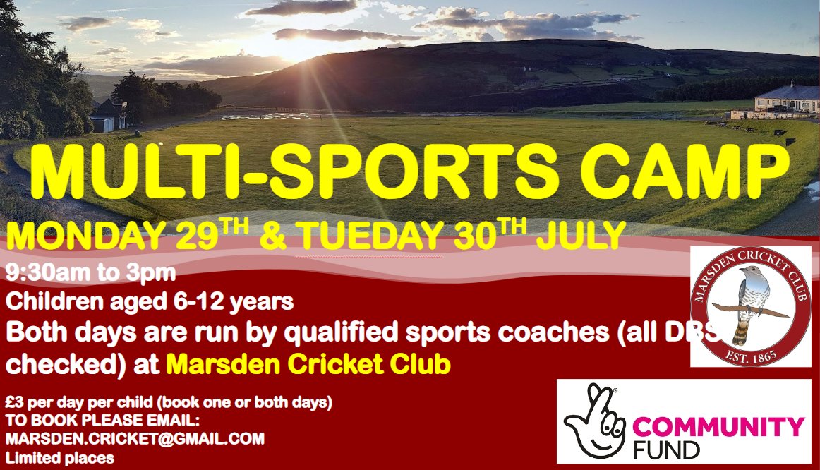 Marsden Cricket Club (@cuckooscricket) on Twitter photo Looking for something to keep the kids occupied this summer? Keep an eye on here and our facebook page for more news but, thanks to funding from <a href="/TNLComFund/">The National Lottery Community Fund</a> , our first summer sports camp takes place next week. Email marsden.cricket@gmail.com to book! Looking for something to keep the kids occupied this summer? Keep an eye on here and our facebook page for more news but, thanks to funding from <a href="/TNLComFund/">The National Lottery Community Fund</a> , our first summer sports camp takes place next week. Email marsden.cricket@gmail.com to book!