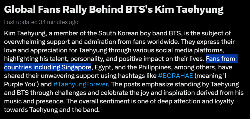 Tae_Singapore's tweet photo. Fans from countries including Singapore...have shared their unwavering support using hashtags like #BORAHAE (meaning 'I Purple You') and #TaehyungForever

BORAHAE TAEHYUNG  
#태형아_영원히_너와함께할게
FOREVER WITH YOU TAEHYUNG 
WE LOVE YOU TAEHYUNG  
WITH TAEHYUNG TILL THE END https://t.co/9p81sSEp0r