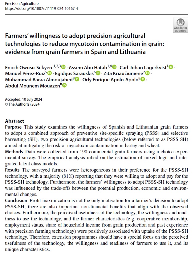 Read our latest article on farmers' willingness to adopt #precision agricultural technologies (site-specific spraying &amp; selective harvesting) in Spain &amp; Lithuania: link.springer.com/article/10.100… <a href="/poshmyco/">POSHMyCo Project</a> <a href="/NordicAfrica/">Nordic Africa Institute</a> @slu_ekonomi