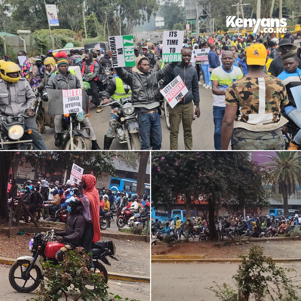 Kenyans's tweet photo. Bodaboda riders stage pro-government protest with placards written "Let's give President time" and "Tumechoka na Gen Z" in the Nairobi CBD https://t.co/sdPs80HRFY