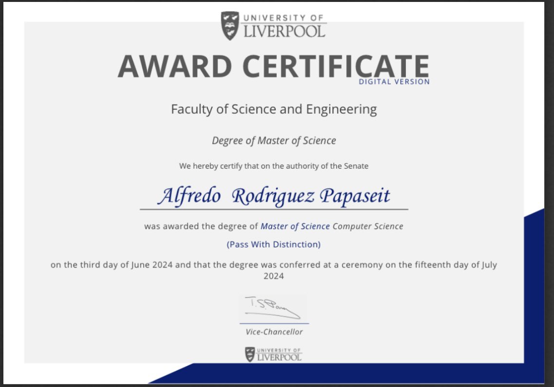 Alfredo Papaseit (@apapaseit) on Twitter photo 🎉 I have officially earned my MSci in #CompSci from the <a href="/LivUni/">University of Liverpool</a> 🎓
Thanks to all the professors and a shoutout to my dissertation supervisor, Kathleen M. Kelm for her mentorship during my machine learning project
#UniversityOfLiverpool #MSc #ComputerScience #MachineLearning 🎉 I have officially earned my MSci in #CompSci from the <a href="/LivUni/">University of Liverpool</a> 🎓
Thanks to all the professors and a shoutout to my dissertation supervisor, Kathleen M. Kelm for her mentorship during my machine learning project
#UniversityOfLiverpool #MSc #ComputerScience #MachineLearning