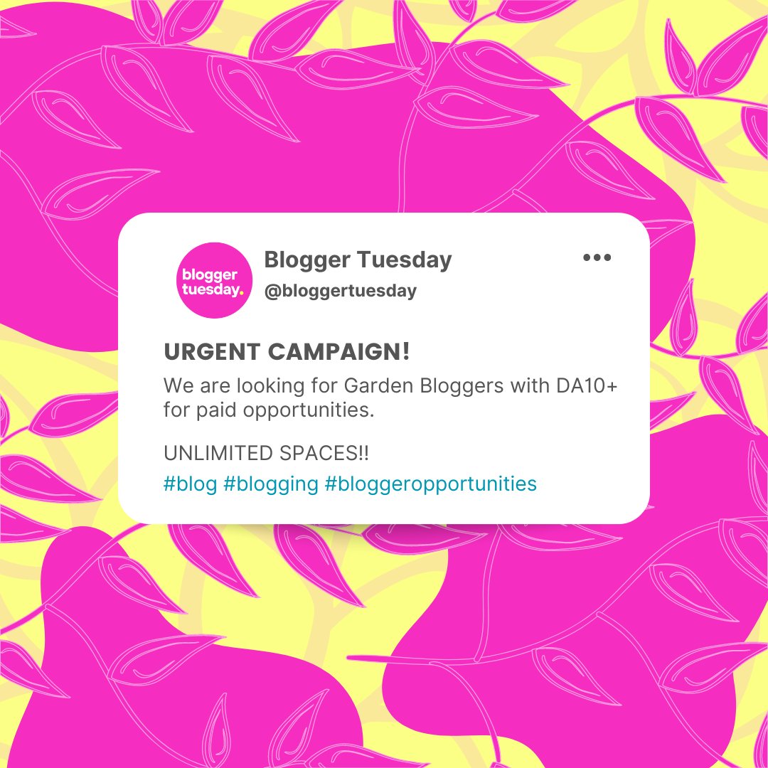 BloggerTuesday's tweet photo. 🚨ATTENTION BLOGGERS!🚨

We have unlimited positions available for bloggers within the Garden niche!

🏌Drop your links below if you think you fit this category ↘️↘️↘️

#blog #blogging #blogger #garden #gardenbloggers
#gardening #gardeninspiration https://t.co/dm4ttbr5Lz